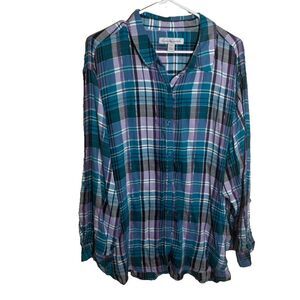 Gloria Vanderbilt Shirt Women's XXXL Plaid Blue Button Up Long Sleeve Top